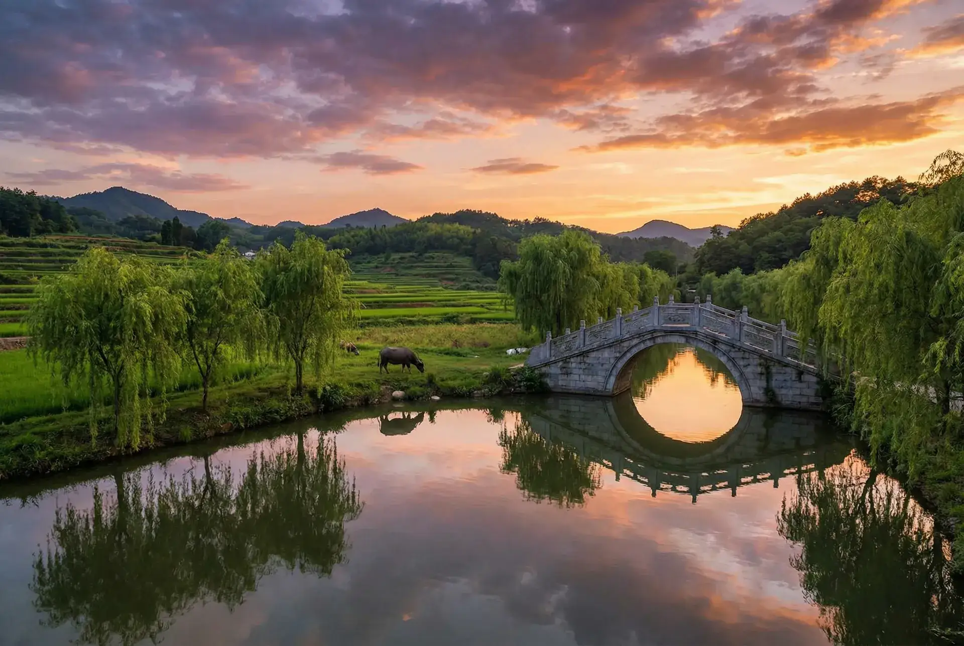 夕阳下的石拱桥与垂柳，水牛在河边吃草 - 妖艳女忍者百度影音 乡村美景